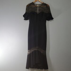 Marchesa Notte dress women's 0 black tan maxi sheer  Gypsy Witchy Lace feminine